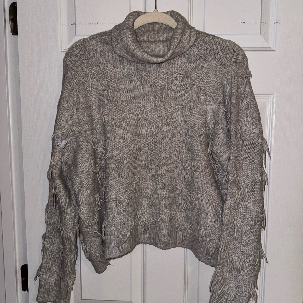 Pink Lily Grey Turtleneck Fringe Sweater